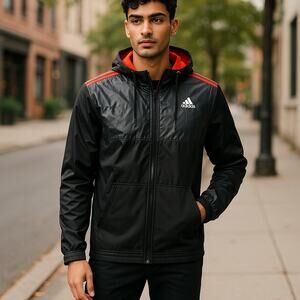 Adidas Originales Mens Hooded Track  Jacket  Black Red Stripe Small